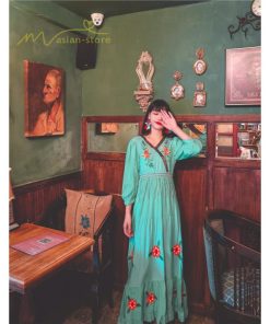 マキシ | ワンピース レディースワンピース 春夏 マキシワンピース ハイウエスト 長袖 二次会 通勤 OL 40代 着痩せ 刺繍 Vネック Aライン カジュアル エスニック 4色