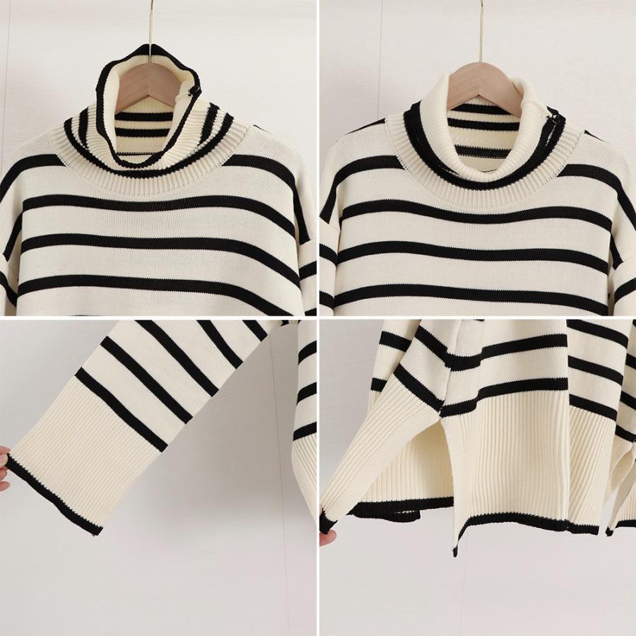 ニット・セーター | タートルネックボーダーニットトップス冬服