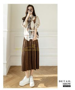 スカート | プリーツロングミモレ丈 ビロードAラインウエストゴム ハイウエスト 秋冬 無地 ゆったり 通学通勤 大人