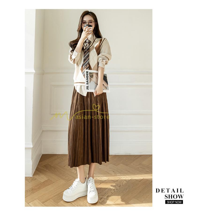 スカート | プリーツロングミモレ丈 ビロードAラインウエストゴム ハイウエスト 秋冬 無地 ゆったり 通学通勤 大人