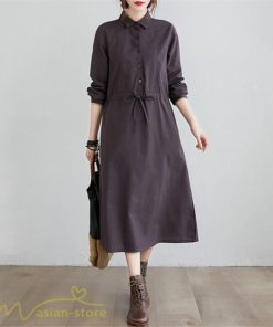 ワンピース | 長袖綿麻Aラインレディース ロングミモレ丈 無地 シャツカワイイ 大人 ワンピ