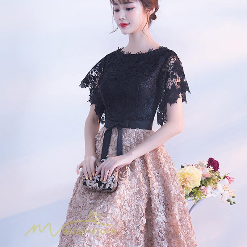 大人 | パーティードレス ドレス 刺繍 切り替え 上品 膝丈ワンピース 半袖 エレガント 二次会 結婚式 お呼ばれドレス 披露宴 黒+カーキ 卒業式 フレアワンピース ママ