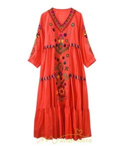 マキシ | ワンピ ワンピース ロング丈 七分袖 レディース 大人 おしゃれ きれいめ お出かけ 大人可愛い 白 青 赤 春夏秋 旅行 20代30代40代 民族風 オレンジ 海