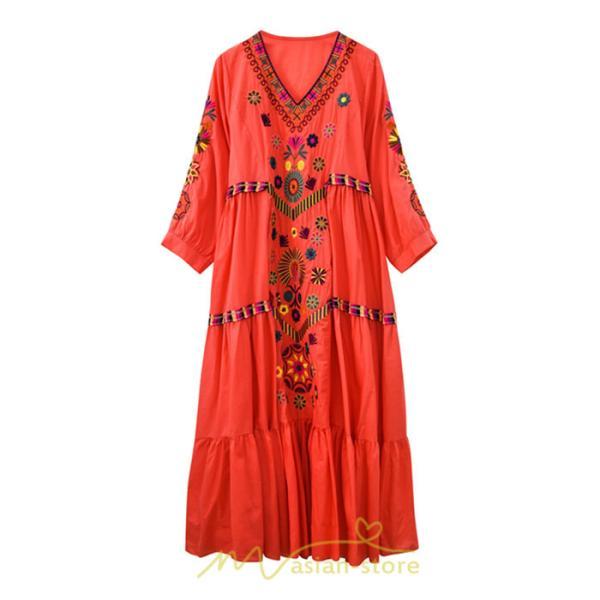 マキシ | ワンピ ワンピース ロング丈 七分袖 レディース 大人 おしゃれ きれいめ お出かけ 大人可愛い 白 青 赤 春夏秋 旅行 20代30代40代 民族風 オレンジ 海