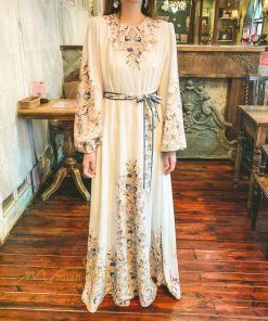 マキシ | ロングワンピース 長袖 レディース プリント Aラインワンピース 30代40代 ゆったり ワンピ 広い裾 ベルト付き ダンス プリンセス 舞台 落ち感 コスプレ