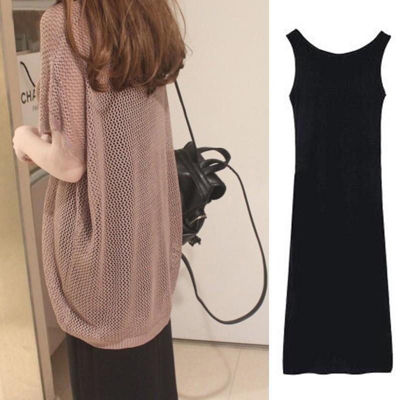 セットアップ | キャミソワンピース トップス レディース ニット キャミソールワンピース 着痩せ 2点セット 体型カバー 可愛い 春夏 黒 通学通勤 無地 2色