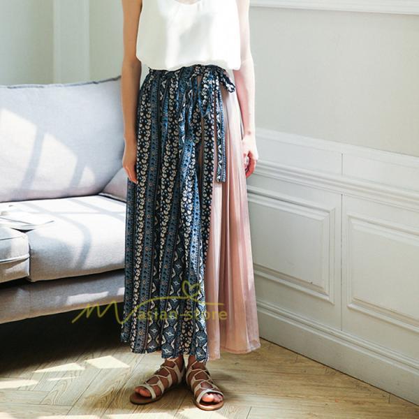 スカート | マキシロング ワイド フレア ゆったり バイカラー 春 夏 秋 冬 レディース 体系カバー Aライン プリーツシフォン 20代30代40代50代