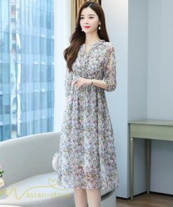 ミディアム | ワンピース 膝丈 花柄 きれいめ 5分袖 カジュアル Aラインスカート 上品 着痩せ ミディアムワンピース お出かけ シフォン 日常感 通気性 大人 エレガント