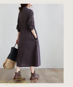 ワンピース | 長袖綿麻Aラインレディース ロングミモレ丈 無地 シャツカワイイ 大人 ワンピ