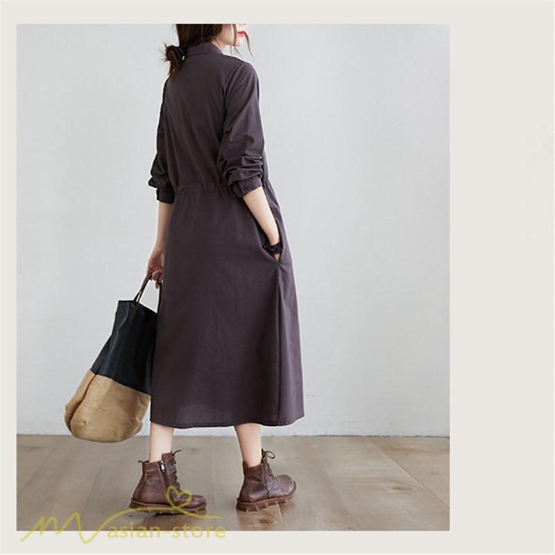 ワンピース | 長袖綿麻Aラインレディース ロングミモレ丈 無地 シャツカワイイ 大人 ワンピ