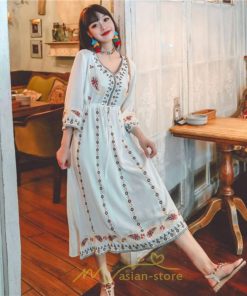 マキシ | 七分袖ワンピース Vネック ロング丈ワンピース エスニック ボヘミアン レディース 夏秋 綿麻 きれいめ フォーマル キレイめ 上品 ゆったり 大人 体型カバー