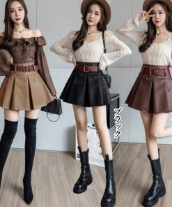 ミニスカート | プリーツレザースカート ベルト付き 秋冬