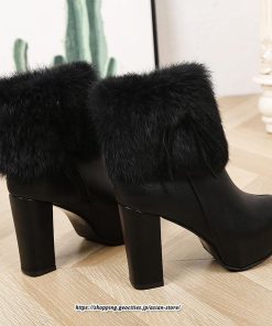 ブーツ | ショートレディース 10.5cmヒール ファー サイドジッパー 太めヒール 冬用 保温 防寒 あったか 疲れない オシャレ 歩きやすい 冬靴 痛くない