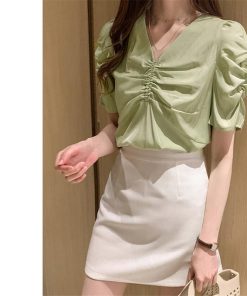 シャツ・ブラウス | シャツ ブラウス レディース バルーンスリーブ 半袖ブラウス Vネック トップス ファッション 無地 シャーリング サマー 通学 通勤 着痩せ 着回し 2020夏新作