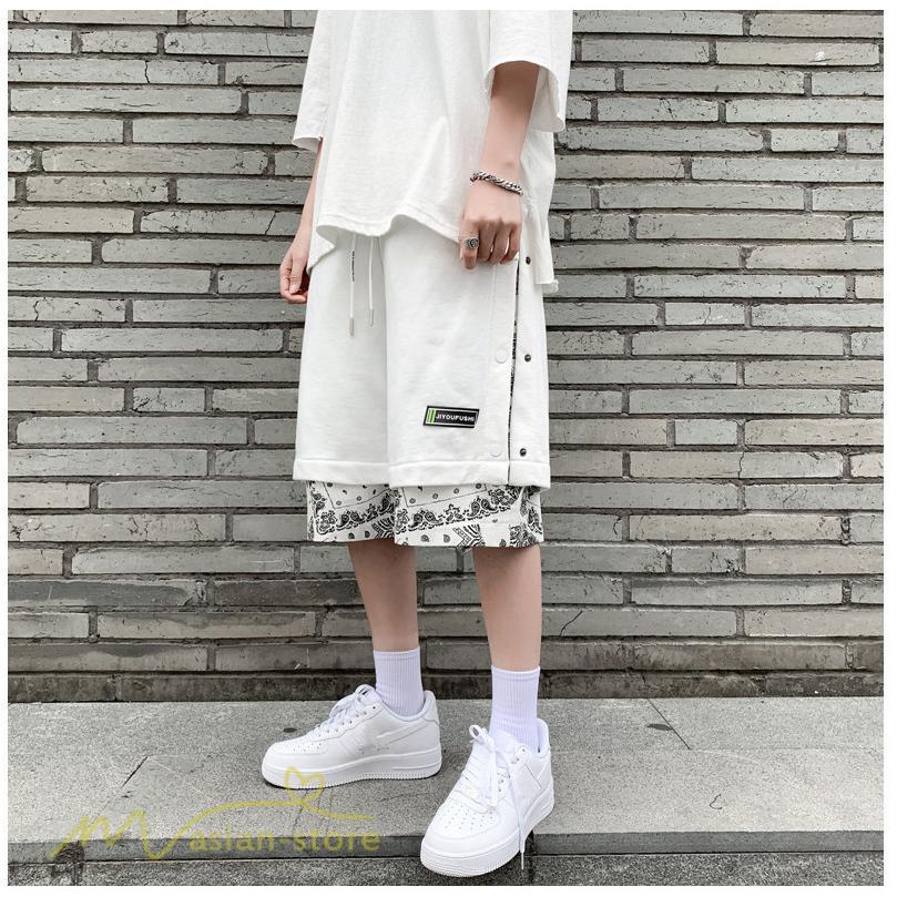 ハーフパンツ ショート | ハーフパンツ メンズ ショート丈 新作 夏コーデ おしゃれ 重ね着 レイヤード風 白 黒 日常感 カジュアル 運動着 ワイドパンツ ゆったり スウェットパンツ 着回し