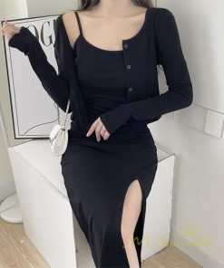 ミディアム | ワンピース タイトワンピース カーディガン セットアップ 2点セット セクシー 膝丈 スリット パーティー キャミソールワンピース スリム 無地 大人 美ライン