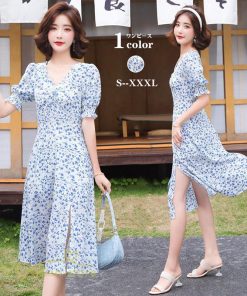 ミディアム | ワンピース サマーワンピース レディース 着痩せ Vネック スカイブルー 花柄 裾口スリット 膝丈 きれいめ おしゃれ 上品 半袖 お出かけ フレア 大人 薄手