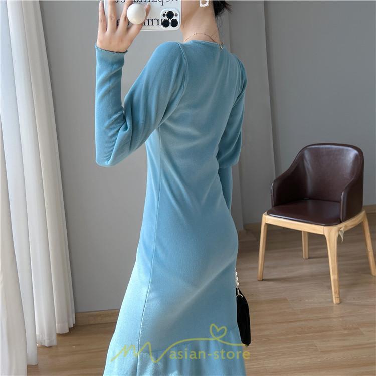 ニットワンピース | ニット ワンピース ロング Vネック ニットワンピ 長袖 ブラック 2022秋冬 ブルー マーメイド フリル セクシー 通勤 おしゃれ キレイめ ミモレ丈 上品