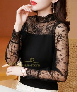 tシャツ・カットソー | カットソー レディース 長袖 春 シャツ 異素材 切り替え レース付き 透け感 20代30代40代50代 ハイネック インナー 着痩せ お出かけ カジュアル カシュクール