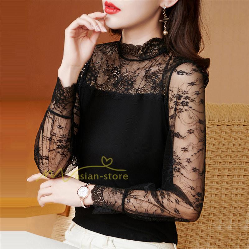 tシャツ・カットソー | カットソー レディース 長袖 春 シャツ 異素材 切り替え レース付き 透け感 20代30代40代50代 ハイネック インナー 着痩せ お出かけ カジュアル カシュクール