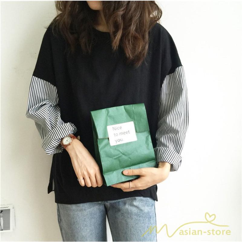 tシャツ・カットソー | Tシャツ レディース カットソー 長袖 シャツ 切り替え 可愛い スリット 体型カバー 夏服 春物 秋物 20代30代40代 トップス 黒 白 シンプル 学生 大人 女の子