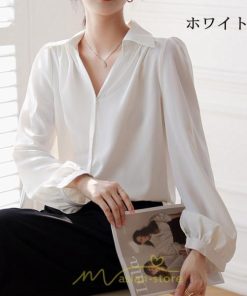 シャツ・ブラウス | ブラウス レディース シャツ トップス Vネック 長袖シャツ 無地 オフィス カジュアル おしゃれ 秋 冬 コーデ 高級感 シフォン エレガント 緑 白 通勤