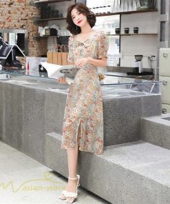 ミディアム | ワンピース Aライン レディース サマーワンピース 花柄 フレア 上品 シフォン 薄手 夏 新作 カジュアル 大人 着痩せ 裾口スリット 上品 おでかえk きれいめ