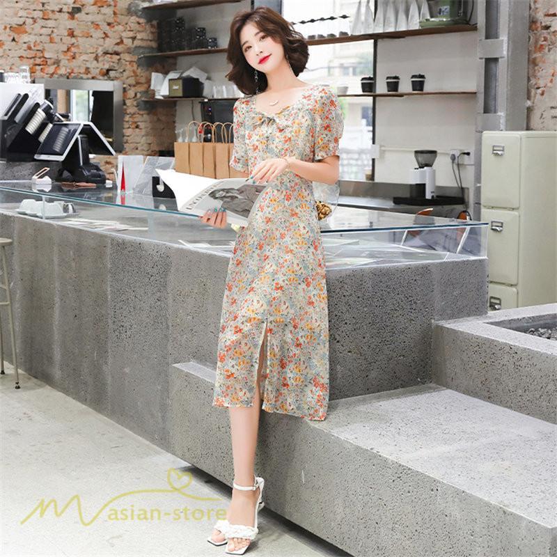 ミディアム | ワンピース Aライン レディース サマーワンピース 花柄 フレア 上品 シフォン 薄手 夏 新作 カジュアル 大人 着痩せ 裾口スリット 上品 おでかえk きれいめ