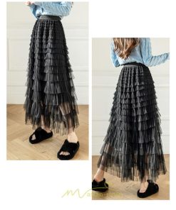 スカート | ロングレディース ティアードチュールプリーツおしゃれ 無地 可愛い カジュアル 韓国風 20代 40代 50代 30代