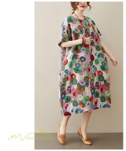 ミディアム | ミディアムワンピース レディース 膝丈 ゆるワンピース 花柄 きれいめ フリーサイズ ゆったり 半袖 麻 綿 リネン 女性着 きれいめ コットン クルーネック 着回し