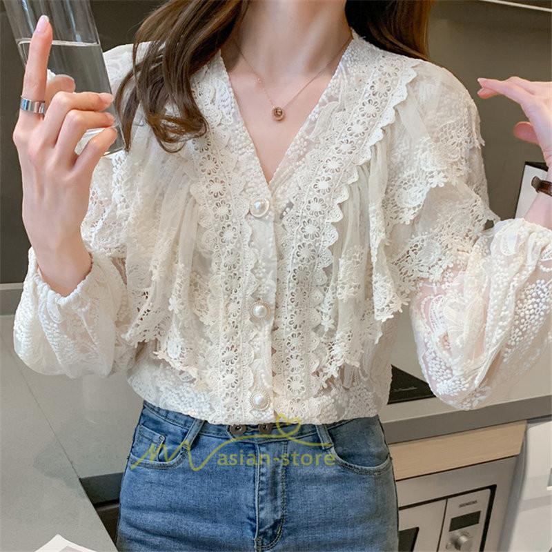 シャツ・ブラウス | ブラウス レディース きれいめ 40代 春秋 オシャレ 長袖 ブラウス レーストップス 夏物 Vネック 20代30代 着痩せ 通勤通学 着回し カジュアル 韓国ファッション