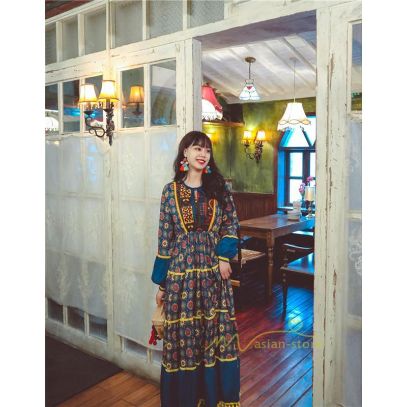 マキシ | ワンピース レディース 春夏 マキシワンピース 長袖ワンピース 綿麻 無地 Aライン フレアワンピース ハイウェスト エスニック ボヘミア風 ロング リゾート
