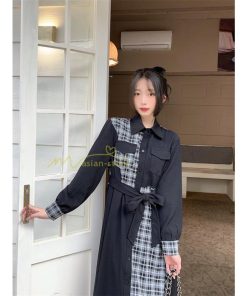 マキシ | シャツワンピース 秋物 レディース ロングワンピース ドッキングワンピース 切替 チェック柄 Aラインワンピース レイヤード風 フェイク お呼ばれ 30代40代50代