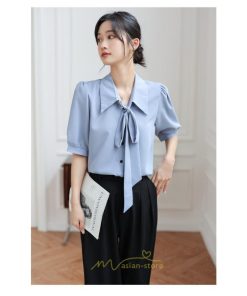 シャツ・ブラウス | シフォンブラウス 半袖 レディース シフォン ブラウス 白 青 フォーマル 開襟 服 バブルスリーブ 蝶結び 着痩せ 春 韓国風 通勤 おしゃれ 女性 上品 夏