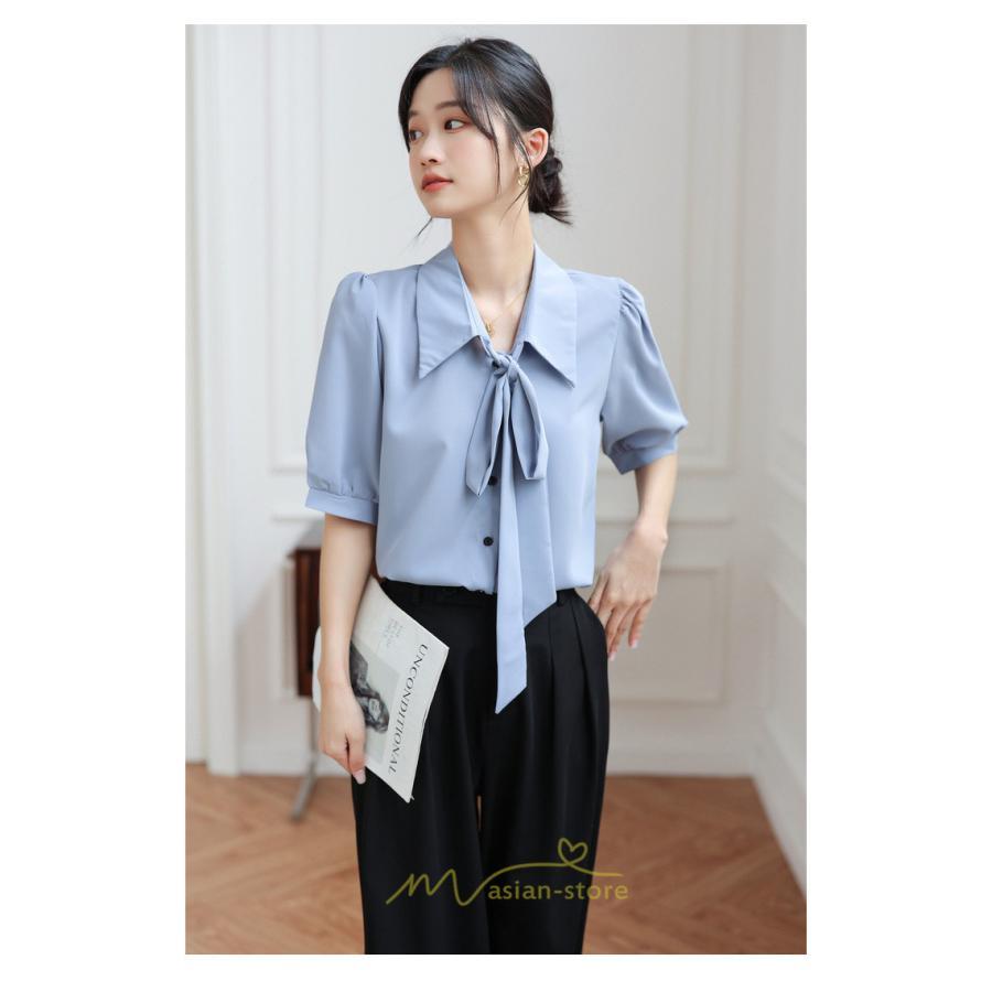 シャツ・ブラウス | シフォンブラウス 半袖 レディース シフォン ブラウス 白 青 フォーマル 開襟 服 バブルスリーブ 蝶結び 着痩せ 春 韓国風 通勤 おしゃれ 女性 上品 夏