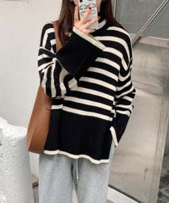 ニット・セーター | タートルネックボーダーニットトップス冬服