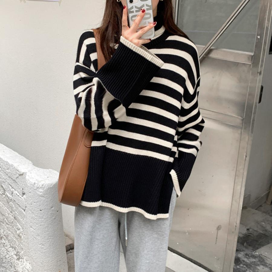 ニット・セーター | タートルネックボーダーニットトップス冬服