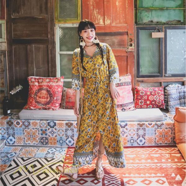 マキシ | ワンピース レディース 総柄 きれいめ ロングワンピース 可愛い カジュアル 春 夏 秋 40代 7分袖 上品 きれいめ 民族風 旅行着 おしゃれ プルオーバー