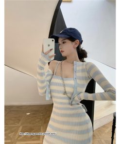 カーディガン | ニットワンピース リブニット トップス キャミワンピース ボーダー ニット 長袖 タイト ニットワンピース スリム セクシー 20代