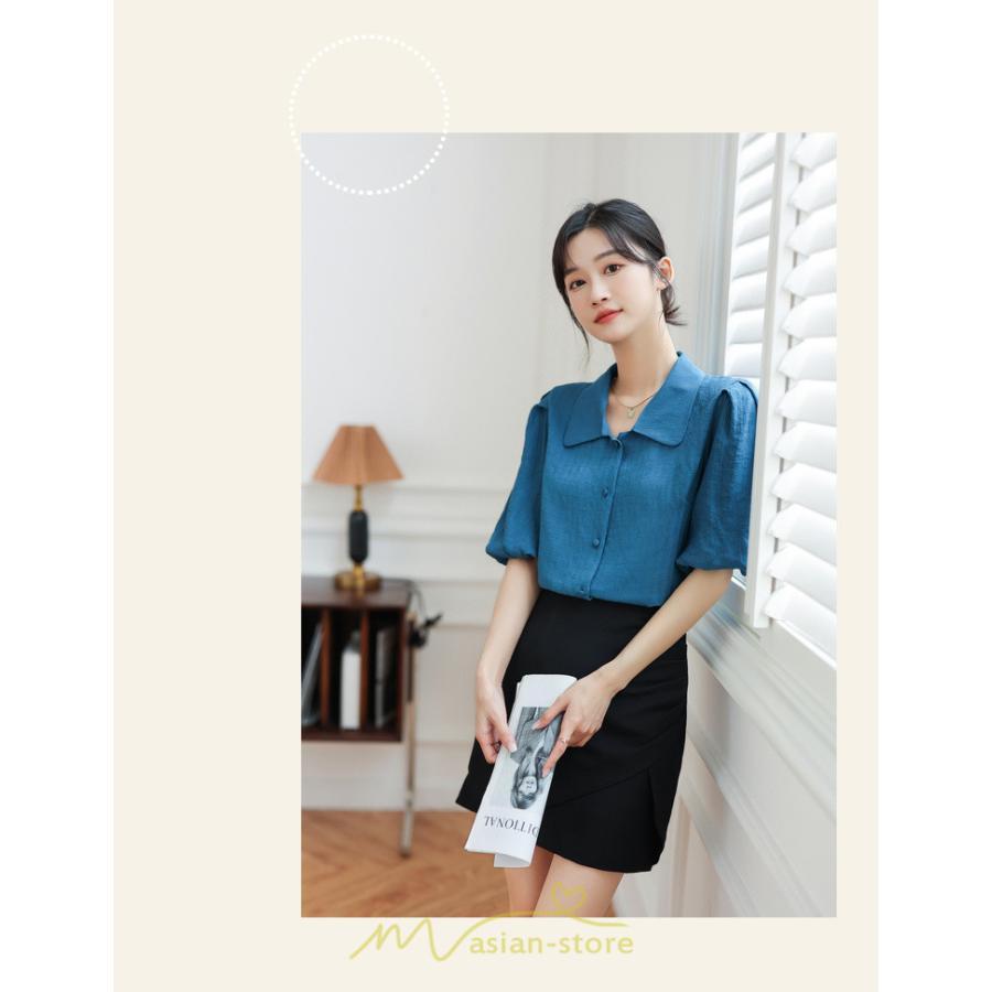 シャツ・ブラウス | ブラウス レディース オフィス シャツ 青 フォーマル 半袖 おしゃれ カジュアル フェミニン 開襟 着痩せ フランス風 お仕事 クラシック ビジネス 通勤 OL