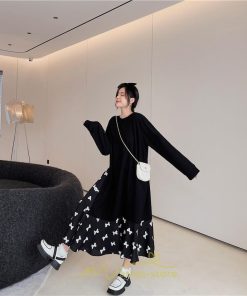 マキシ | ドッキングワンピース 秋 レディース 長袖ワンピース ロングワンピース 切り替えワンピース フェイク Aラインワンピース お呼ばれワンピース レイヤード風