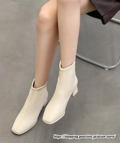 ショートブーツ | レディース 裏起毛なし 裏起毛あり スクエアトゥ ブーツ チャンキーヒール 太ヒール 後ろファスナー 大人 シューズ 通学通勤 靴 ミドルヒール