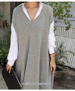 マキシ | ニットベストワンピース レディース 40代 秋冬 ワンピース Vネック ニットロングベスト ニットワンピース ゆったり ひざ下 オシャレ 韓国風 無地カジュアル