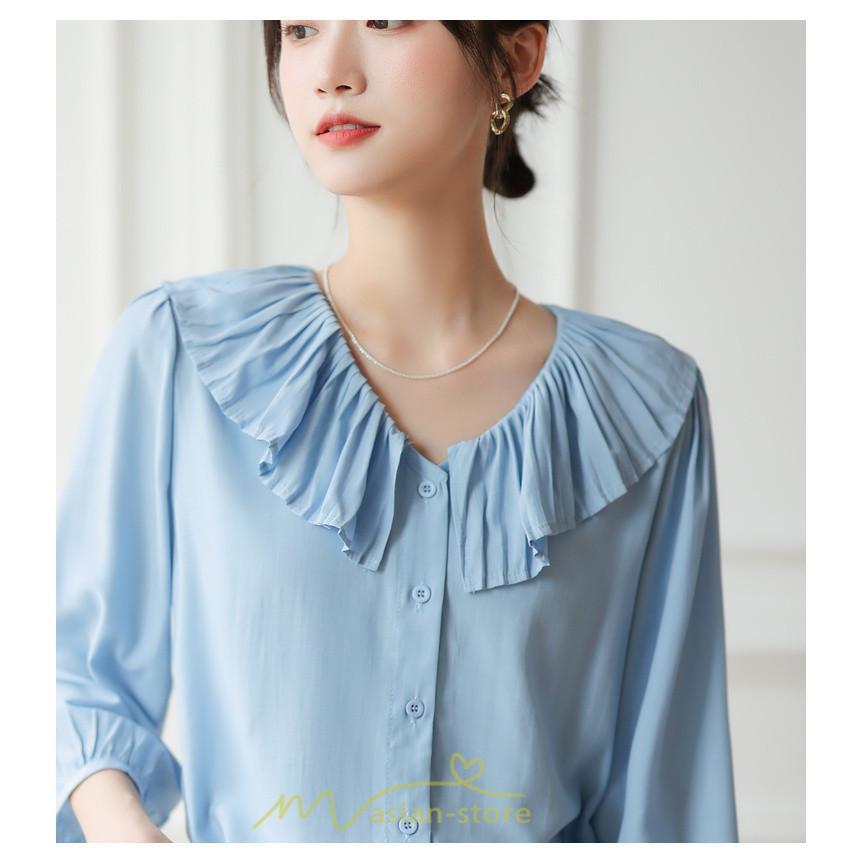 シャツ・ブラウス | ブラウス レディース シャツ おしゃれ きれいめ 七分袖ブラウス カジュアル 無地 フォーマル オフィス 夏物 エレガント Vネック ライトブルー 通勤 ビジネス