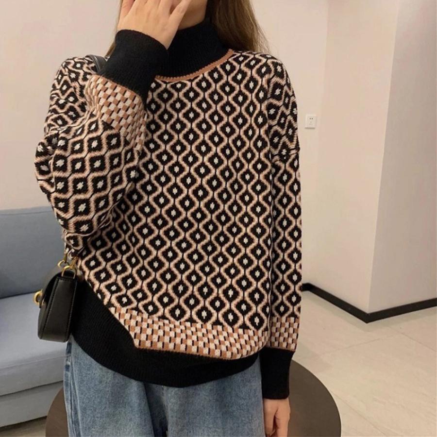 ニット・セーター | 配色ダイス柄ニットトップスハイネック