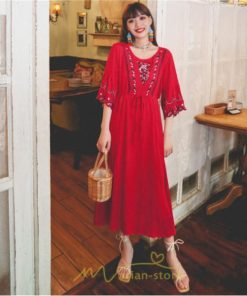 マキシ | ワンピース トップス ロング ロングワンピース 綿麻 夏秋 レディース 大人 おしゃれ シンプル ナチュラル カジュアル 刺繍 花柄 丸首 華やか 上品