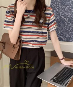 ｔシャツ・カットソー | Tシャツ レディース 40代 春夏 オシャレブラウス 韓国風 チュニック 半袖Tシャツ ストライプ柄 通勤通学 カジュアル アウター ゆったり 着痩せ お出かけ 丸首
