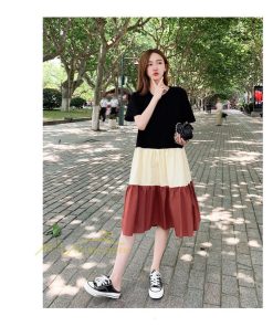 ミディアム | フレアワンピース 半袖 夏物 レディース ロングワンピース ミモレ丈 ギャザー Aラインワンピース 揺れる 大人 切り替え 20代30代 可愛い