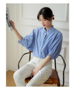 シャツ・ブラウス | ブラウス コットン 七分袖 レディース 青 入学式 入園式 卒業式 卒園式 フォーマル 結婚式 ママ 着痩せ 華奢見え OL お仕事 20代30代40代 通勤 新作 ビジネス