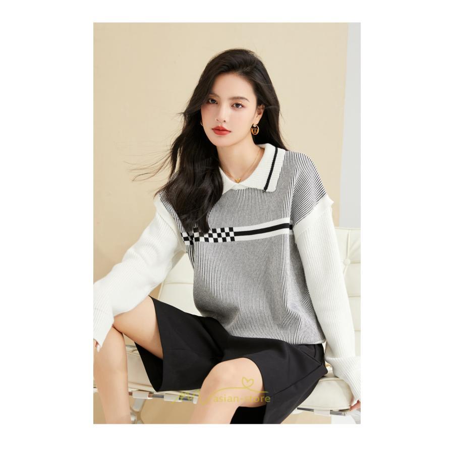 ニット・セーター | ニット レディース トップス 秋冬 セーター 長袖 秋服コーデ 切り替え ボーダー柄 ストライプ あったか 暖か 2022新作 通学 定番 かわいい 通勤 オシャレ